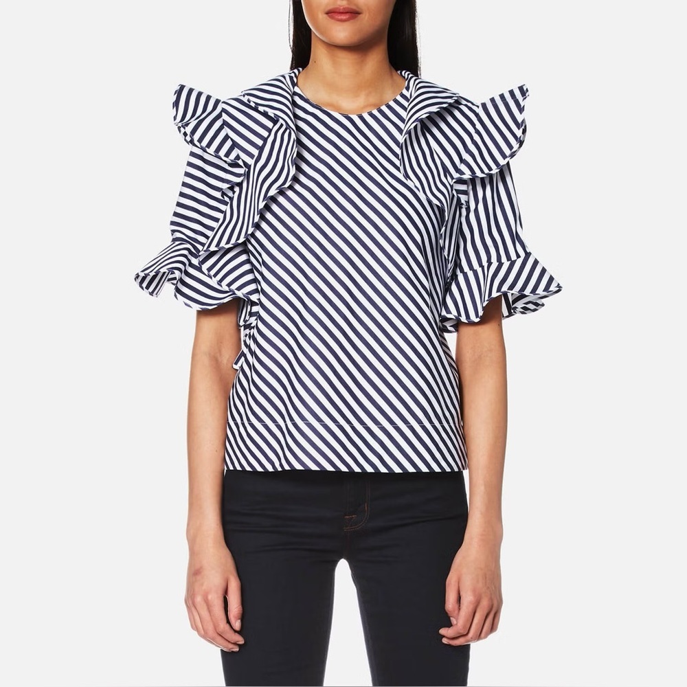 MSGM Frill Blue White Stripe Crewneck Ruffle Cotton Short Sleeve Blouse IT40 US4